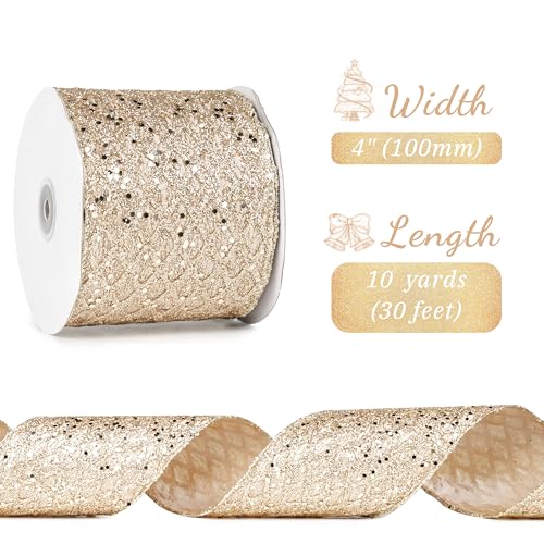 LIZLOVESS Champagne Christmas Ribbon 4" Glitter Mesh Wired Ribbon for Christmas Tree Champagne Gold Diamond Honeycomb Ribbon for Gift Wrapping, Crafts, Wreath, Garland, Tree Topper Bows - 10 Yards by LIZLOVESS - Image 2