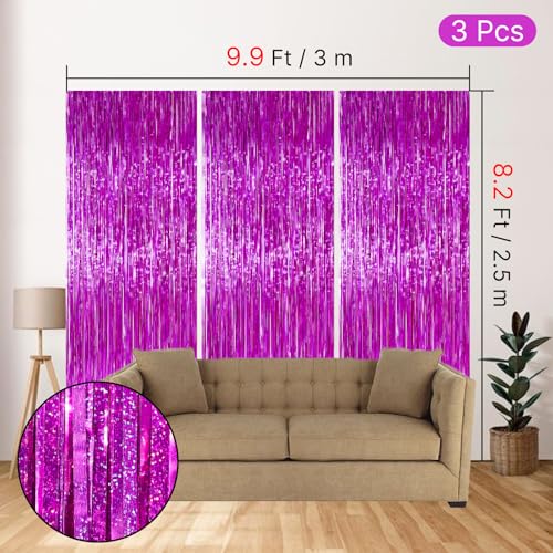 Image of PartyWoo Hot Pink Foil Fringe Curtain Red Rose Streamers 3pcs 8.2ft Magenta Tinsel Backdrop Dark Pink Curtains for Birthday Barbie Theme Galentines Bachelorette Tequila Sunrise Party Decorations