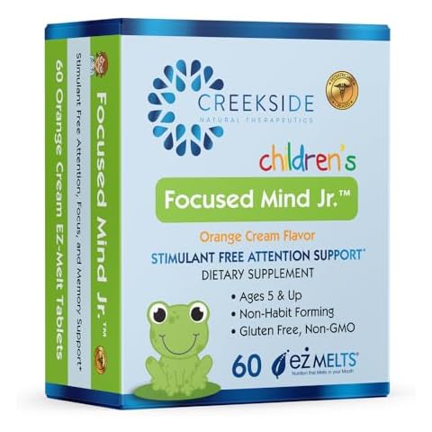 Focused Mind Jr., Focus and Memory Support for Children, Pediatrician Formulated, Stimulant Free Attention Support with Inositol, DMAE, Sugar-Free, Vegan, 60 EZ Melt Tablets Cover