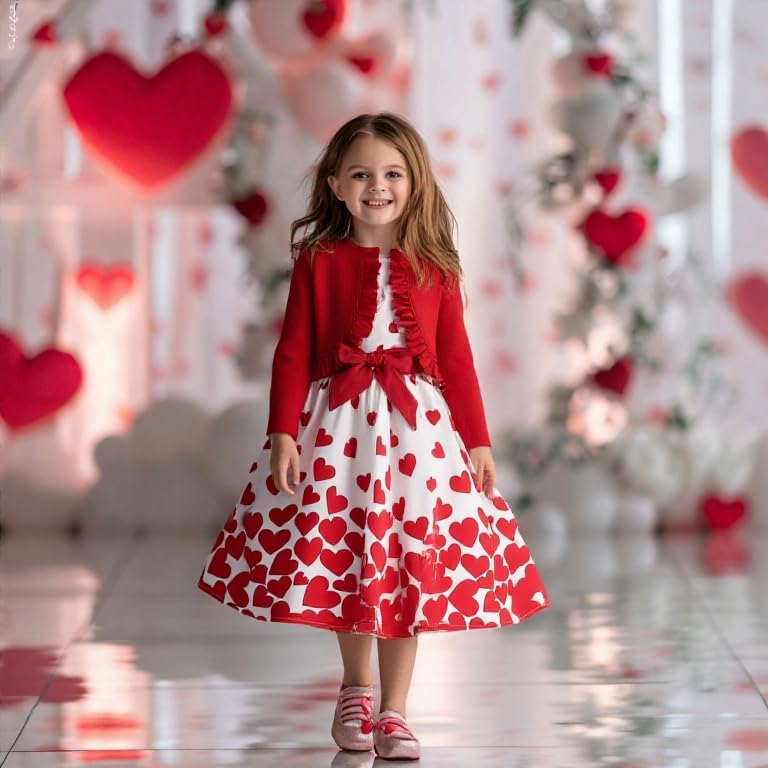 Image of Girls Valentine's Day Outfit Heart Love Print Sweatshirt Kids Girls Clothes Set