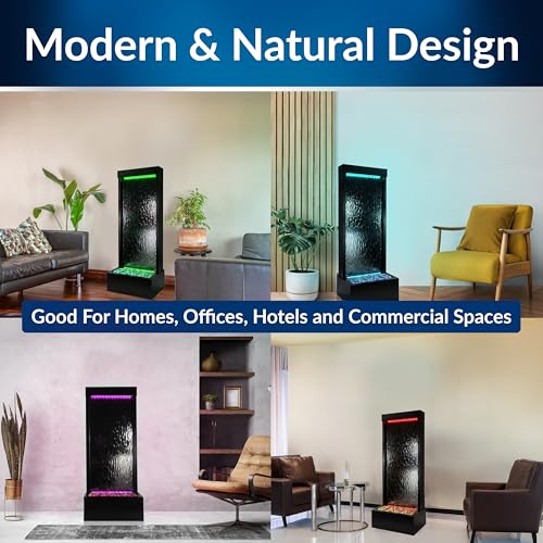 Image of Alpine Corporation MLT174S‑MC Waterfall Fountain - Plug in Indoor Fountain with Black‑Framed Glass, Cascading Water, Floor Feature & Multi‑Color LED Lights, 48 inch