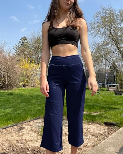 Image of G4Free Capri Pants for Women Wide Leg Yoga Dress Capris with Pockets Cross Loose Casual Work Crop Pants