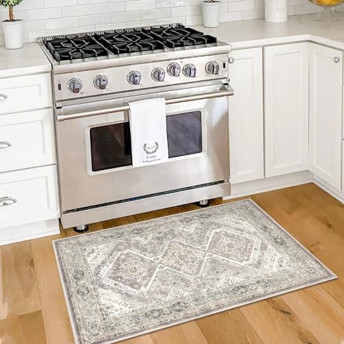 KUTA Washable Oriental Small Area Rug Ivory Grey Yellow, 2x3 Entryway Rugs Indoor Non-Slip Soft Printed Vintage Distressed Farmhouse Low-Pile Door Mat for Entrance Bedroom Kitchen Nursery