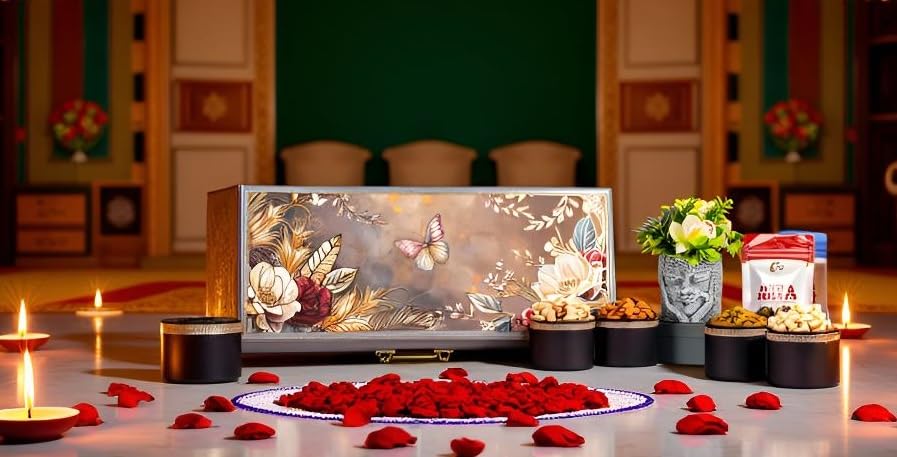 Image of Browntree Maharaja-6P (1100Gms) | 6 in 1 Combo Pack - Almonds, Cashews, Pista , Raisins, Omega Seeds & Nut Berries with Decorative Flower Vase | Healthy Dry Fruits & Nuts | Festival & Corporate Gifts | Ideal Gift Box for all celebration