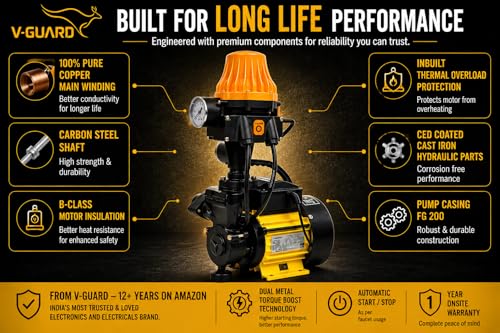 Image of V-Guard 0.5 HP Automatic Pressure Booster Pump with Dual Metal Torque Boost Technology, Inverter Compatible, for Household Use (Up to 2-3 Bathrooms), 1-Year On-Site Warranty, (Yellow)