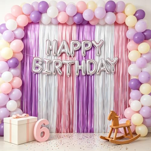 Image of TONIFUL 2Pcs Iridescent Purple White Pink Metallic Foil Fringe Curtain | 3.3ftx6.6ft Photo Booth Backdrop Tinsel Door Streamer, Props for Bachelorette Girls'Dreamy Birthday New Year Decorations