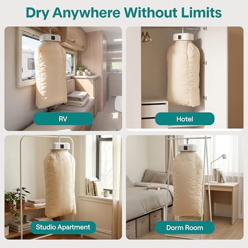 Image of SereneLife Portable Clothes Dryer | Drying Bag for Clothes, Suits & Dresses | Adjustable Temperature & Remote Control 1-8 Hour Timer | Compact Dryer for Home, Apartment, Dorm & Travel | White