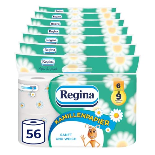 Regina Kamillenpapier 3-lagiges Toilettenpapier | 56 Rollen-Packung (7 x 8 Einzelpackungen) | 150 Blatt pro Rolle | Sanft und zuverlässig | Mit einem Hauch von Kamille | FSC®-zertifiziertes Papier