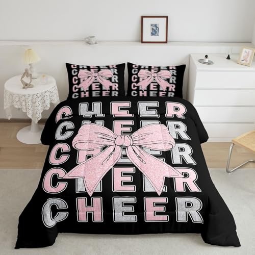 Image of Feelyou Cheer Comforter Set Full Size Pink Bowknot Bedding Set for Kids Boys Girls Sport Cheerleader Duvet Quilt Cheerleading Bedroom Decor Microfiber 3 Pcs with 2 Pillow Cases