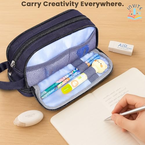 Image of Large Capacity 4 Compartment Pencil Case with Handle | Aesthetic School Pouch for Girls & Boys | Blue Space Eraser Included | Stationery Organizer for School, College & Office(Black Pouch + Eraser)