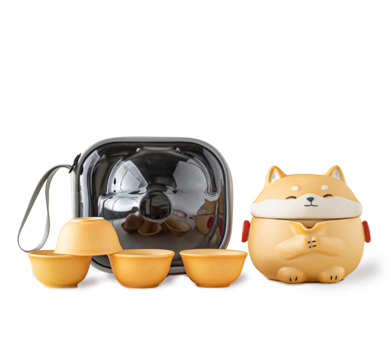Mini Gaiwan Tea Set, Cute Dog Shiba Inu Teapot with Portable Bag for Travel, Chinese Ceramic Gongfu Teapot with 4 Ceramic Teacups. Gift for Tea Lovers.