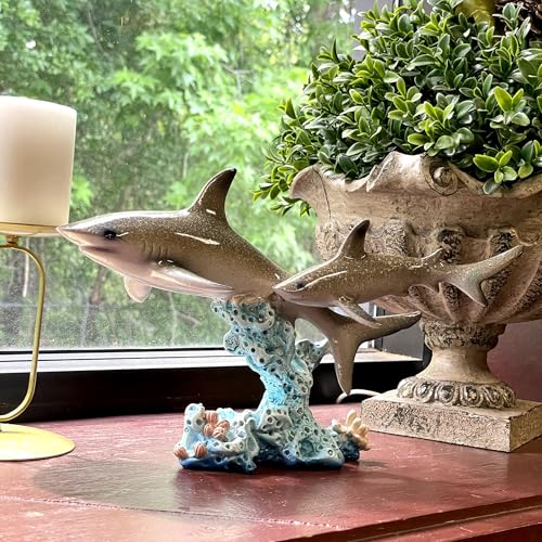 Estatua de doble tiburón sobre arrecife de coral de resina pintada a mano 10 pulgadas miniatura 5