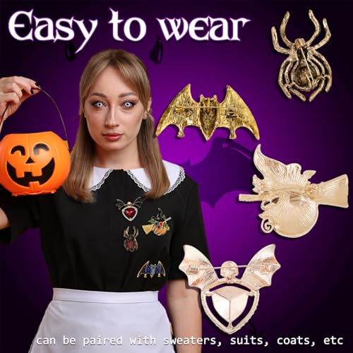 Ecally 4 Pcs Halloween Brooch Set Pumpkin Bat Pin Spider Skull Pin Crystal Brooch Gothic Accessories Halloween Jewelry Gift3