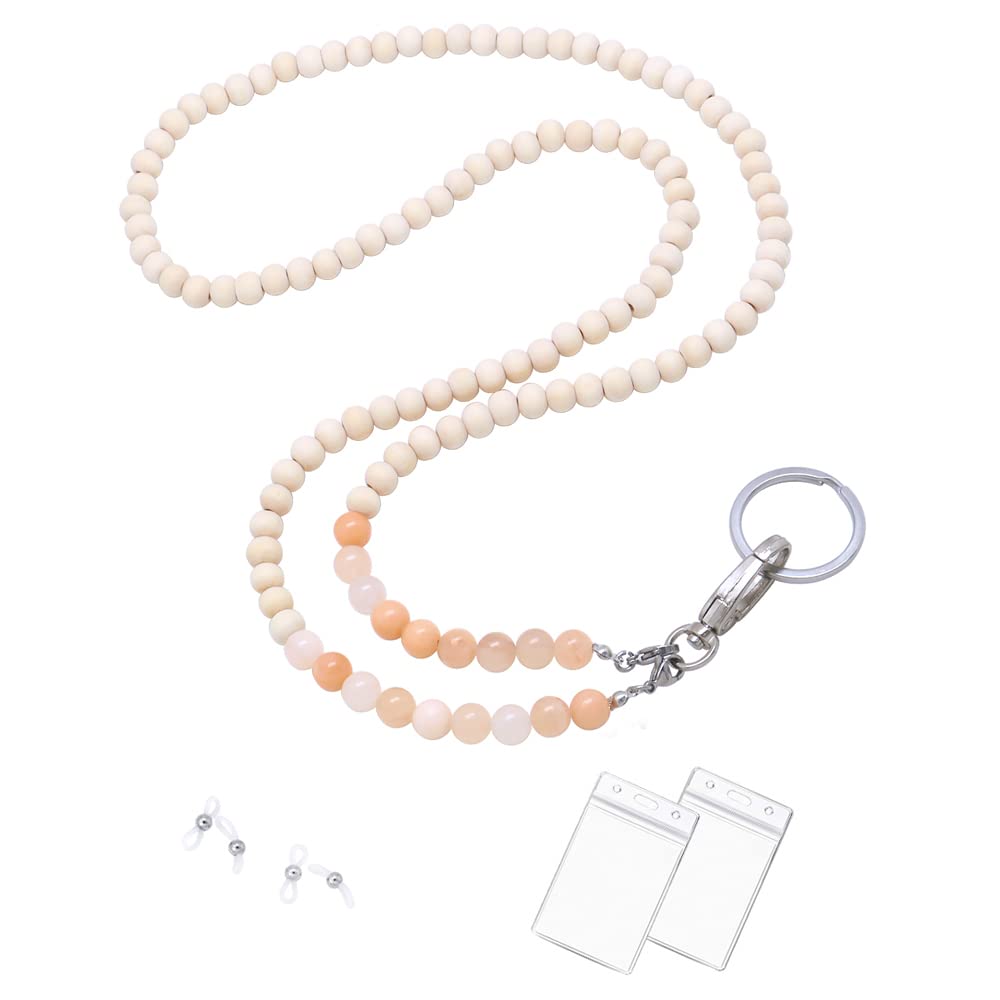 C&L Accessories Lanyards for ID Badges, Beaded Wooden Natural Stone Lanyard for Keys Neck Lanyards for Glasses Chains for Women (Pink Aventurine)