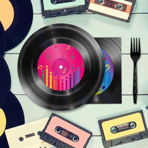 Image of 200 PCS Vinyl Record Tableware Disposable for 1950's Rock Music Party Supplies Back to 50s Rock Dinnerware Set Dessert Paper Plates Napkins Forks 50's Theme Party Retro Decorations Serve 50 guest