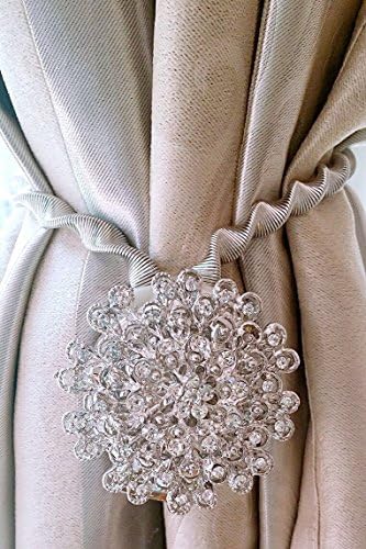 Sycle circle 2 Pack Magnetic Curtain Tie Backs, Decorative Crystal Curtain Holdbacks for Bedroom, Living Room, Office (Silver Peacock)