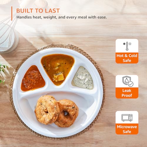 Image of Amazon Basics 4-Compartment Bagasse Disposable Round Plates | 11 Inch - Pack of 50 | Biodegradable | Leak-Resistant | Hot & Cold Food Safe | Eco-Friendly | Party, Weddings, Birthdays, Events