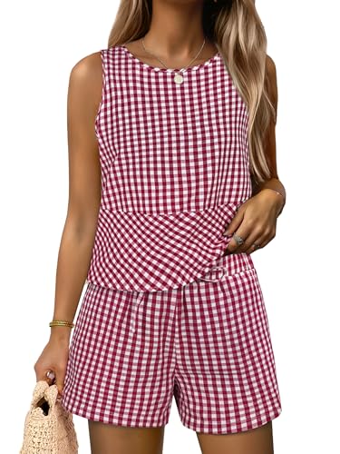 ANRABESS Womens 2 Piece Outfits Striped Summer Casual Sleeveless Tank Top Matching Shorts Lounge Sets Beach Vacation Clothes Red White Plaid Medium