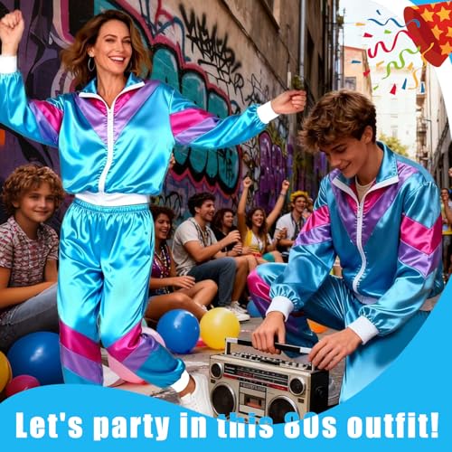 Funnity 80er 90er Jahre Outfit Herren Damen, 80er Jahre Trainingsanzug Fasching, Retro Trainingsanzug für Männer Frauen, Disco Ganzkörperanzug, Jogginganzug Karneval(Blau-L)