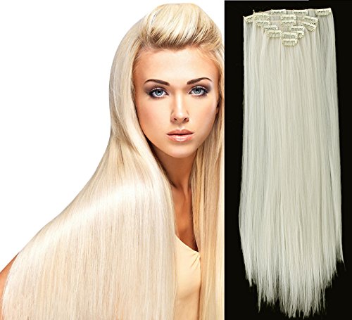 SARLA 22" Straight Clip In Hair Extensions Synthetic Heat Resistant Fiber 7pcs/set 140g (60# White blonde)