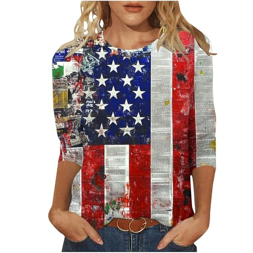 Image of Fourth of July Shirts for Women 3 /4 Sleeve Summer Tops American Flag Print T Shirt Patriotic 4th of July Shirts 2025