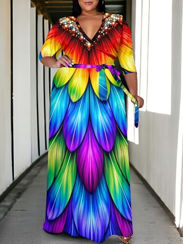 Image of SUZONANA Plus Size Maxi Dresses for Curcy Women Casual Loose 3 /4 Sleeve Long Dress with Belt