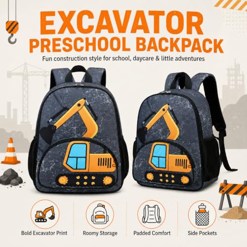 Image of LOIDOU Kids Preschool Backpack for Boys, 15 Inch Excavator Truck School Bag, Lightweight Water-Resistant Kindergarten Backpack with Chest Strap for Ages 3-6
