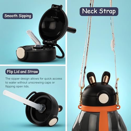 Image of Baybee Lovely Bunnies Kids Water Bottle 600ml | BPA Free & Leakproof Safe Sipper Bottle with Straw | Cute Rabbit Design Smooth Sipping with Handle & Neck Strap,Flip Lid for School Kids & Babys (Black)