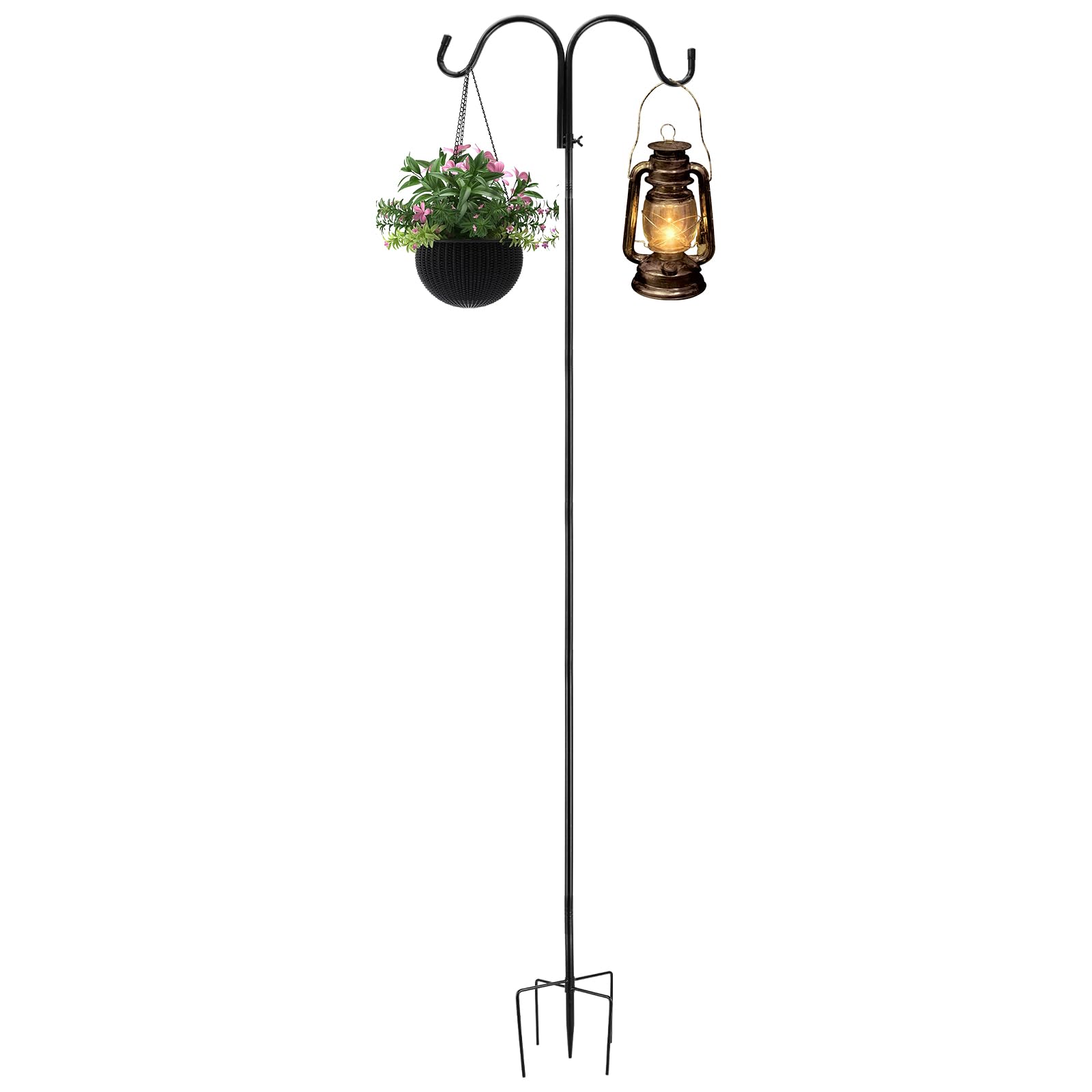 YAYODS Double Shepherds Hook Bird Feeder Pole, 94 Inch Heavy Duty Garden Hook with 5 Prong Base, Outdoor Hanging Station for Bird Feeders, Plant Baskets, Solar Lights and Lanterns, Black