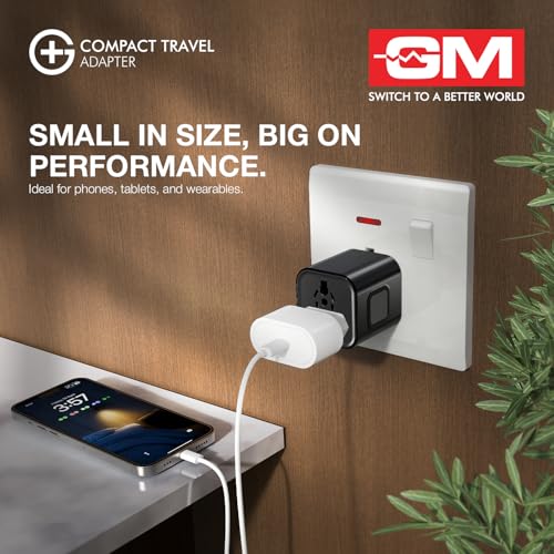 Image of GM G+ Compact Travel Adapter | Universal All-in-One Worldwide Plug (US /UK /EU /AU) | Multi-Device Charging | Smart Safety Protection | Foldable, Fire-Resistant Travel Charger for 150+ Countries - Black