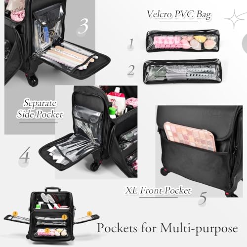 Costravio Rolling Makeup Case Hairstyling Travel Bag Large Cosmetic Storage Organizer Soft-sided Trolley Bag with Dividers and 2 Pouches for Hairstylist, Makeup Artist and Cosmetologist - Black Nylon by Costravio - Image 3