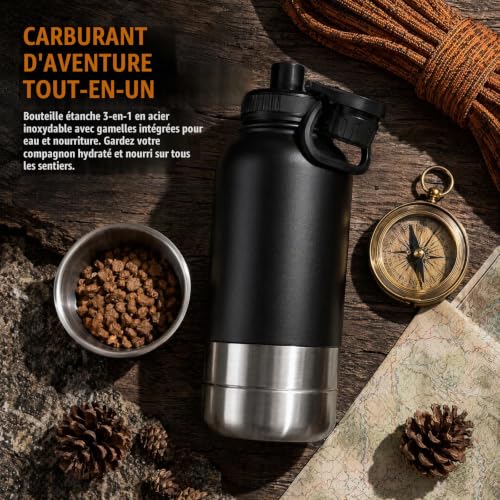 Novocloud Bouteille d'eau pour Chiens isolée Gourde pour Chien Isotherme en Acier Inoxydable Distributeur d'eau Portable 3 en 1 avec 2 Bols Amovibles pour Voyages, Activités en Plein Air, 950ml – vue 4