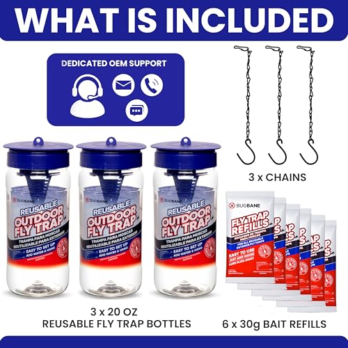 Image of 3 Reusable Outdoor Fly Traps with 6 Natural Magnetic Bait Refills Outdoor Fly Trap Reusable Trap Fly Trap