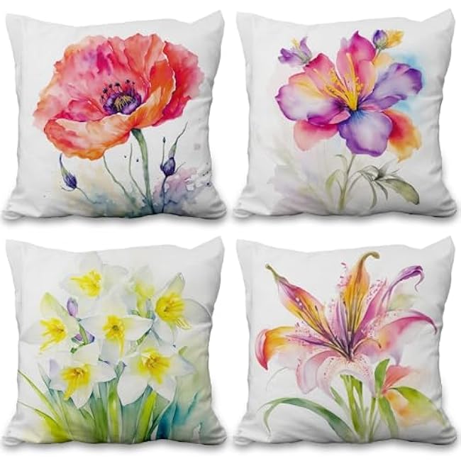 4 Pcs/Set Rose Flowers Pillow Covers Summer Floral Green Leaves Pink Flowering Shrub Natural Scenery Watercolor Romantic Linen Cushion Case for Outdoor Couch Sofa Bedroom, 16x16