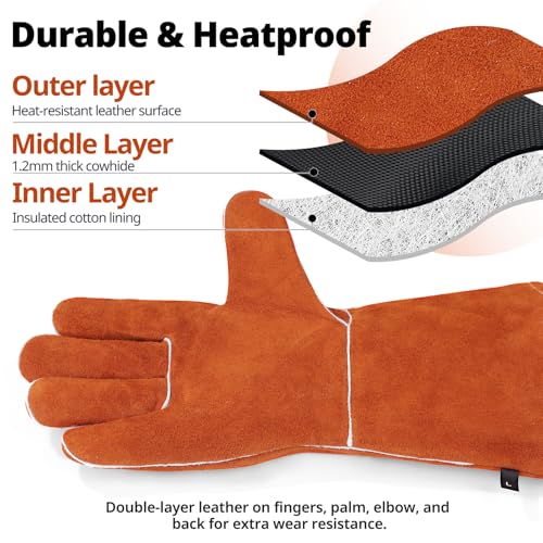 vclpower Fireplace Gloves Fire Heat Resistant: 14IN Fireproof Leather for Fireplace Fire Pit Wood Stove Campfire Furnace BBQ Baking,Grill Oven Stick Mig Tig Welding Welder Gear Gift for Man L - Image 6