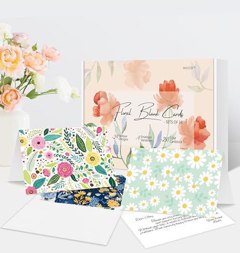 Image of 24 Pack Boxed Floral Blank Greeting Cards with Self-adhesive Envelopes For All Occasion, 24 Unique Watercolor Designs No Repeats