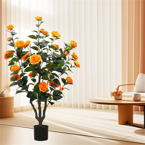 Garveehome 1Pc 3.28ft Artificial Camellia Tree, Faux Camellia Plant in Pot with Realistic Flowers Decorative Floor Plant for Indoor Outdoor Home Office Living Room Decor Housewarming Gift