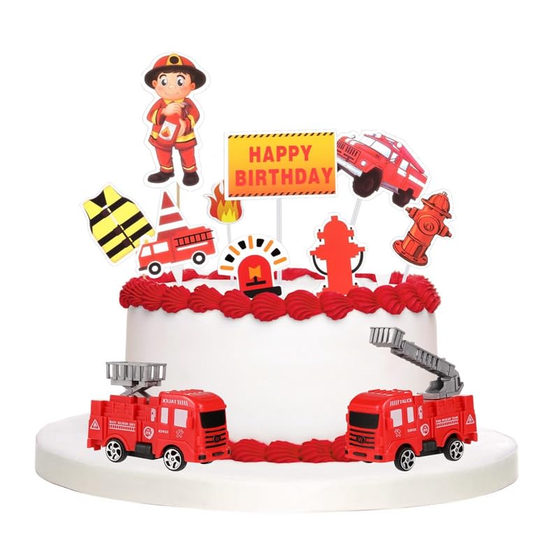Decoraciones Para Tartas De Cumpleaños Con Tema De Bomberos - 24 Piezas De Cartón, Incluye Camión, Sombrero Y Más