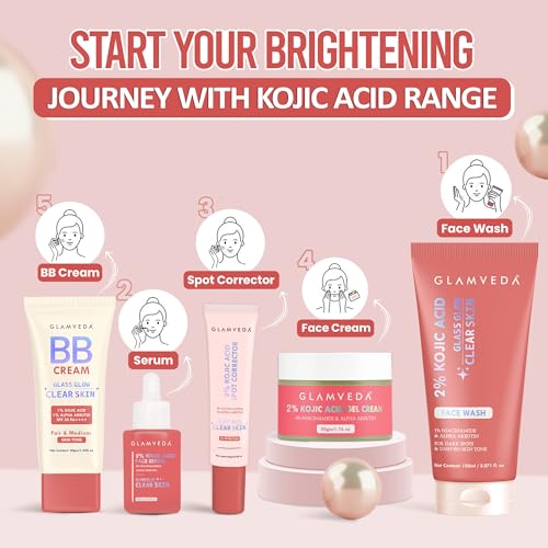 Image of Glamveda 5 Step Skincare + Coverage Set - Includes 2% Kojic Acid Facewash, Spot Corrector, Serum, Cream & BB Cream (Fair Tone) for Dark Spot Correction | Oil Control | Hydration and Flawless Finish.