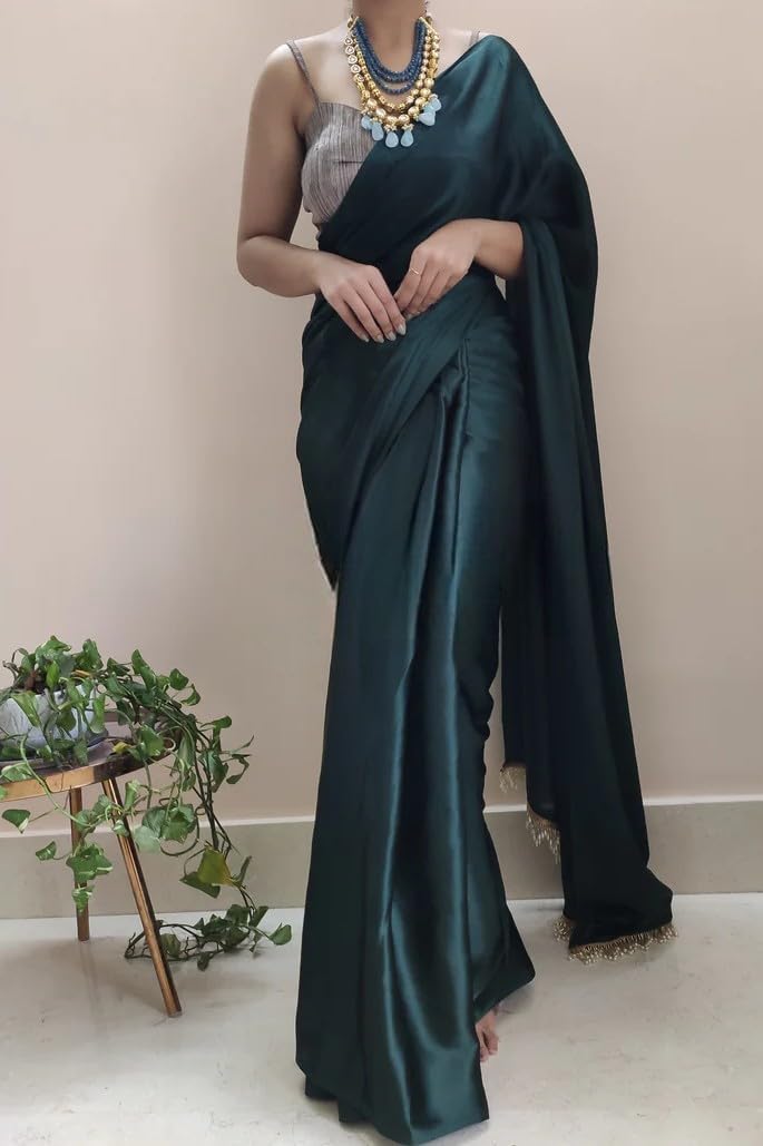 Ready to Wear Satin Silk Saree with Pearl Work & Un-stitch Blouse, Wedding Partywear Designer 1 Minute Saree