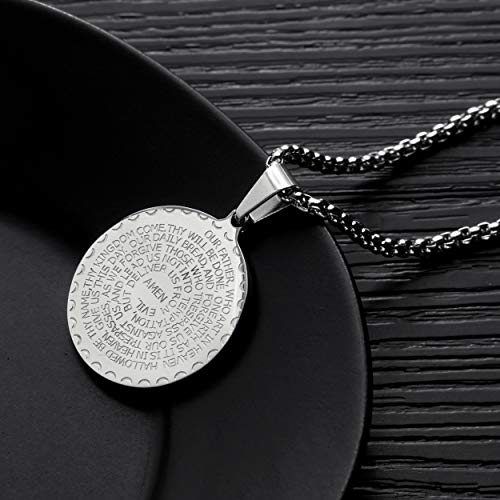 Rehoboth Stainless Steel Coin Medal Our Father Lord's Prayer Cross Pendant Necklace for Women Men Prayer Hands Coin Medal Pendant 24" Chain Black Gold Silver4