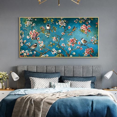 Peinture fleurs et oiseaux sur toile pour décoration de salon chic