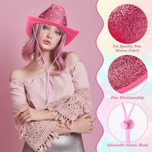 Image of Coume 12 Pcs Sparkly Adults Cowboy Hat and Bandanas Women Men Western Glitter Cowgirl Party Hats with Adjustable Drawstring