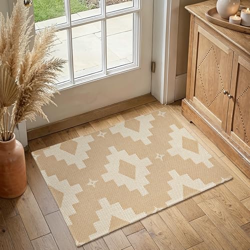 MatEssenz 2x3 Washable Entryway Rug Woven Boho Geometric Indoor Front Door Mat Pet Friendly Neutral Farmhouse Accent Throw Rug for Kitchen & Bedroom Beige
