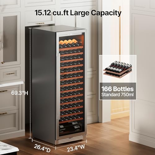 Image of Ca'Lefort 24 Inch Wine Fridge, 166 Bottle Built-In Wine Cooler | 69-Inch Tall Wine Cellar, Quiet Inverter Compressor, 40-65F Temperature Control, Display Shelf, Glide-Out Shelves & Drawer