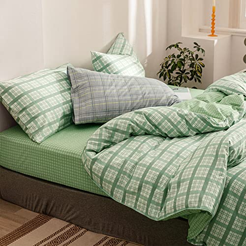 Highbuy Sage Duvet Cover Queen Soft Cotton Grid Bedding Sets Green Shabby Chic Duvet Cover Sets Modern Geometric Pattern Comforter Quilt Cover Queen Hotel Quality Lightweight #TOP6