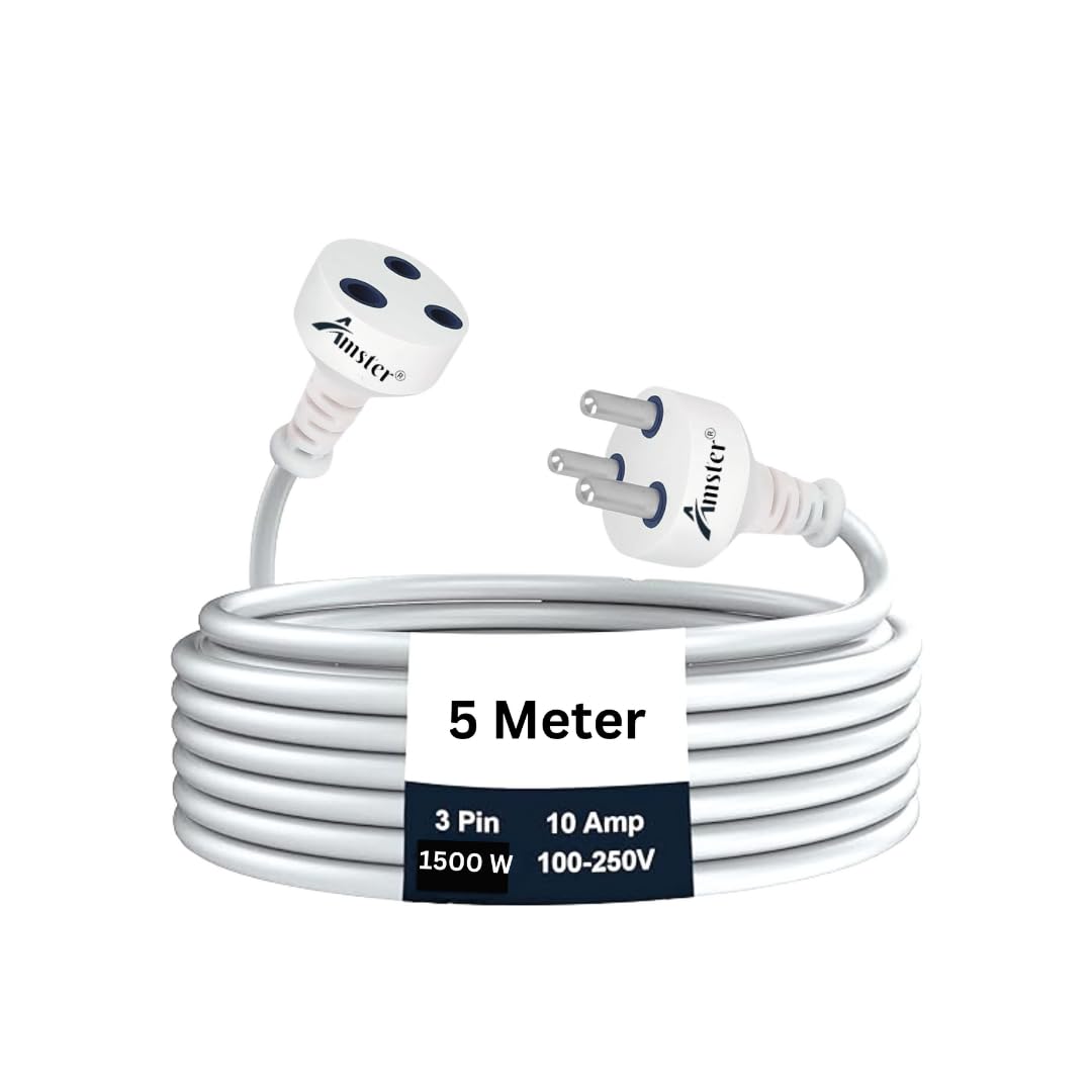 AMSTER 5 Meters Heavy Duty Long Wire Cord, Single Outlet Socket, 10A Expandable Electric Extension, Extension Board, 3 Pin Plug Extension Cord for Indoor Outdoor Use (5M/White)-1PCS