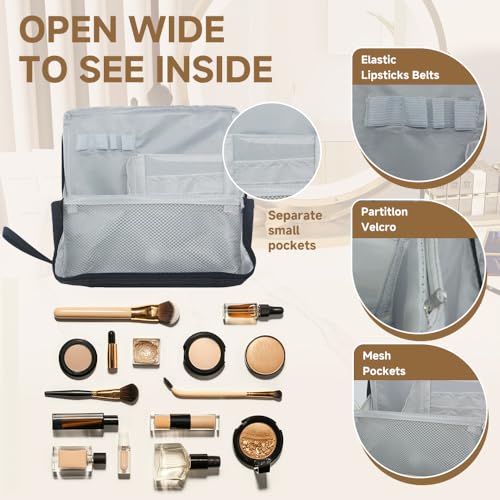 standing makeup bag, Women's Large Capacity Foldable Magnetic Travel Makeup Storage Bag, Waterproof Portable Open Makeup Bag with Divider,black - Image 5