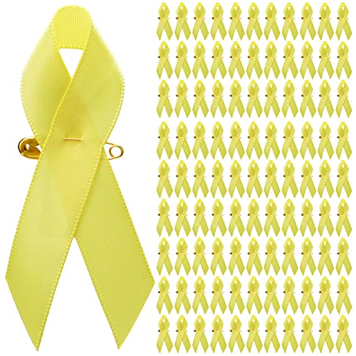 100 Pieces Awareness Ribbon Satin Lapel Pins Fabric Ribbons with Safety Pins for Women Men(Yellow)