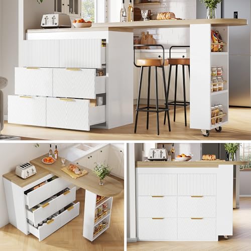 Yihomfy Îlot Central Cuisine avec 6 Grands Tiroirs, Ile de Cuisine Table Roulante Multifonction 360° Rotative, Meuble de Rangement Mobile avec Sécurité...